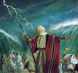 A painting by Robert T. Barrett of Moses holding a staff and stretching out his arm while the Red Sea parts and a storm rages behind him.